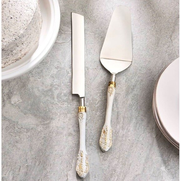 Elle Decor Set If 2 Cake White Gold Decorative Handle Serving Set New (Sm Flaw) - Picture 2 of 8